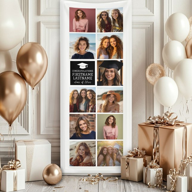 11 Photo Collage Graduation Modern Minimal White Banner (Custom Graduation Photo Banner - Great backdrop and Graduation Party Decoration)