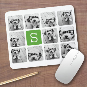 11 Photo Collage - Green White Modern Monogram Mouse Pad