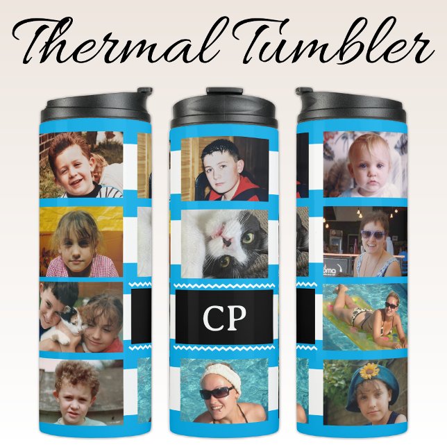 11 photo collage initials blue white thermal tumbler (Creator Uploaded)