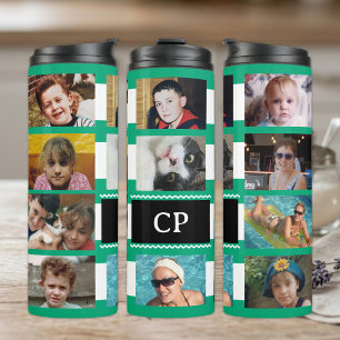 11 photo collage initials green white thermal tumbler