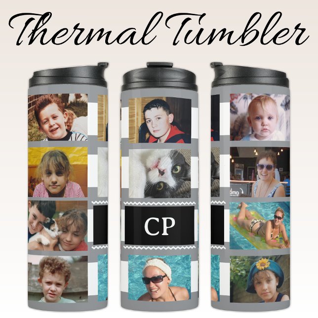 11 photo collage initials grey white thermal tumbler (Creator Uploaded)