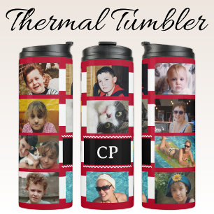 11 photo collage initials red white thermal tumbler