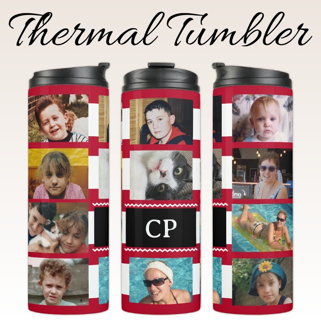 11 photo collage initials red white thermal tumbler (Creator Uploaded)