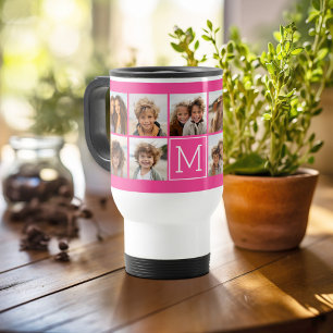 11 Photo Collage - Minimal Grid with Text Travel Mug