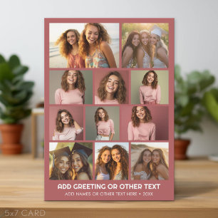11 Photo Collage Modern Minimal Dusty Red Rose Holiday Card