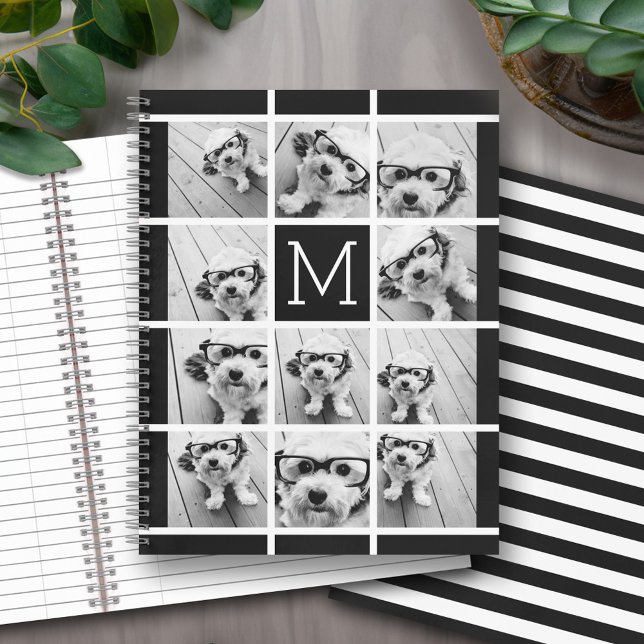 11 Photo Collage Monogram CAN EDIT black Notebook (Personalized notebook with an area for photos and text - option for different inside pages and coils)