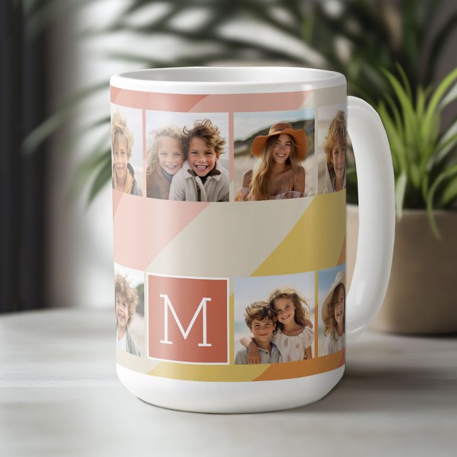 11 Photo Collage - Retro Stripes Coral Peach Gold Coffee Mug (Custom Photo Mug)