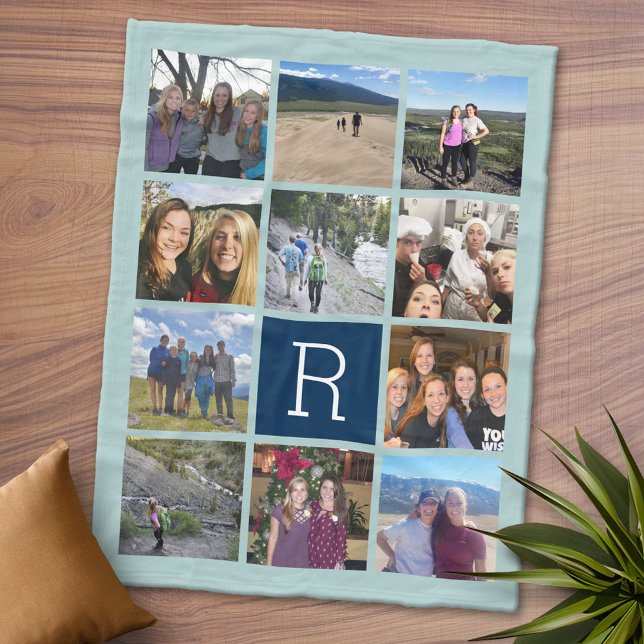 11 Photo Collage with Monogram Can Edit Blue Fleece Blanket (Personalized Fleece Blanket - Add Photos and Text or Customize completely in advanced design area)