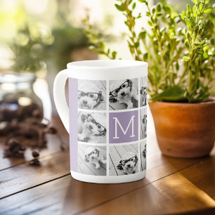 11 Photo Grid Collage with Monogram Bone China Mug