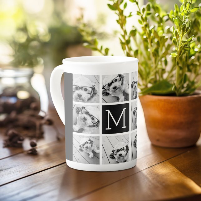 11 Photo Grid Collage with Monogram Bone China Mug (Personalized mug with photos and text, customize completely in the advanced design area)