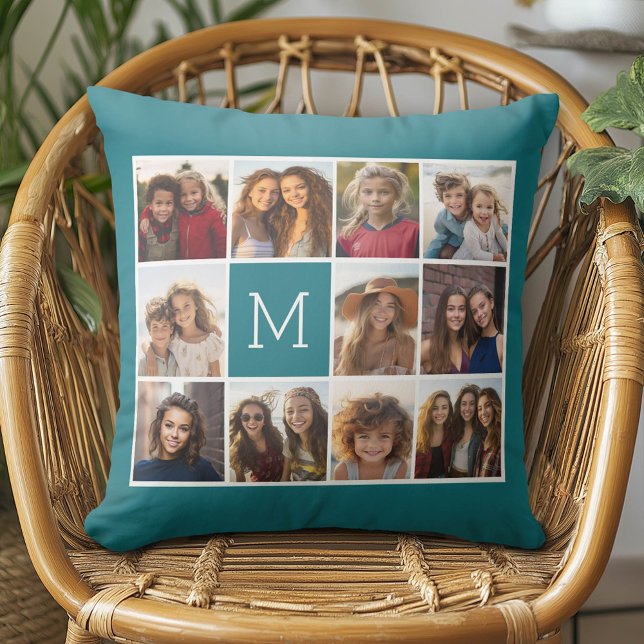 11 Photo Grid Collage with Monogram Cushion (Custom Photo Pillow - Add Your Own Pics!)