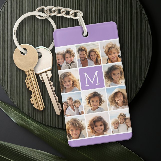 11 Photo Grid Collage with Monogram Key Ring (Personalized Keychain with a photo collage)