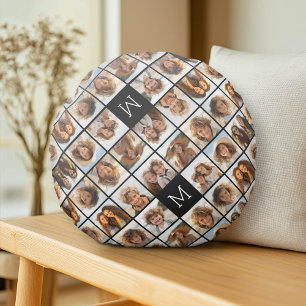 11 Photo Grid Collage with Monogram Round Cushion