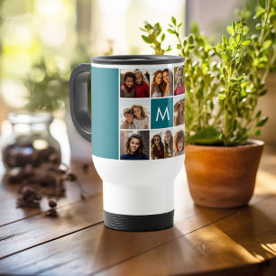 11 Photo Grid Collage with Monogram Travel Mug