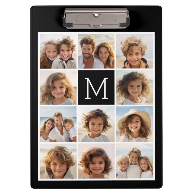 11 Photo Instagram Collage Custom Black Monogram Clipboard (Front)