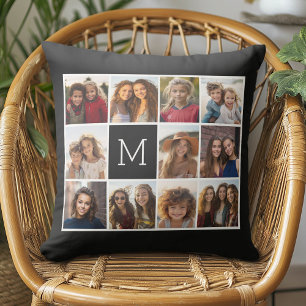 11 Photo Instagram Collage Custom Black Monogram Cushion