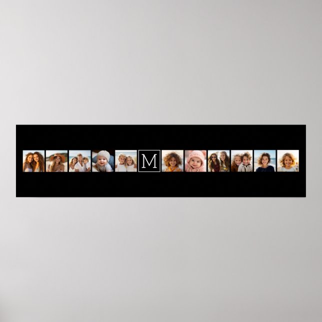 11 Photo Instagram Collage Custom Black Monogram Poster (Front)