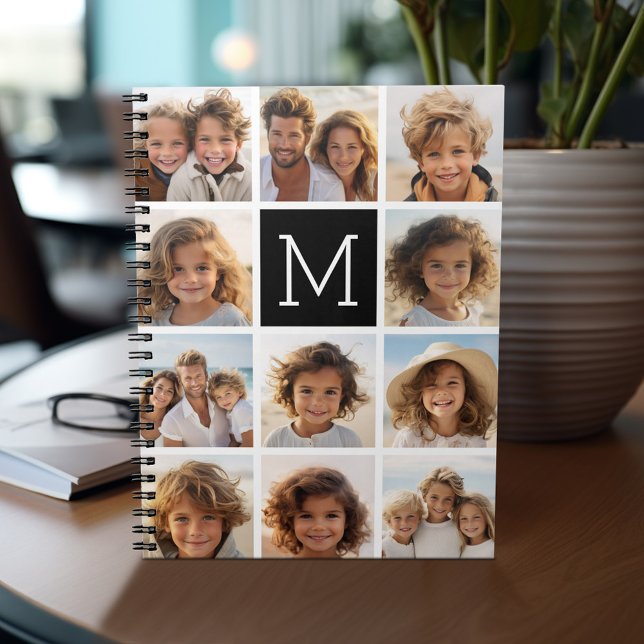 11 Photo Instagram Collage Custom Black Monogram Spiral Notebook (Personalized notebook - add photos and your name or other text)