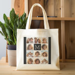 11 Photo Instagram Collage Custom Black Monogram Tote Bag<br><div class="desc">Black and White - Use up to 11 square photos to create a unique and personal gift. Or you can keep the hipster puppy and make a trendy keepsake. If you need to adjust the pictures,  click on the customise tool to make changes.</div>