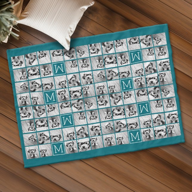 11 Picture Collage with Custom Monogram Blue Fleece Blanket (Custom Fleece Blanket - Add Photos and Text)