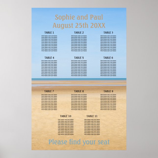 11 Table Beach Wedding Seating Chart (Front)