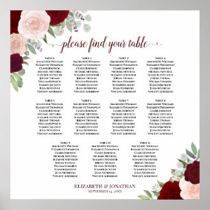 11 Table Burgundy Red & Pink Floral Seating Chart