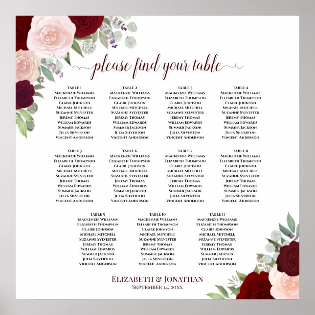 11 Table Burgundy Red & Pink Floral Seating Chart (Front)