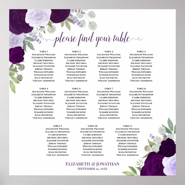 11 Table Chic Purple Roses Wedding Seating Chart  (Front)