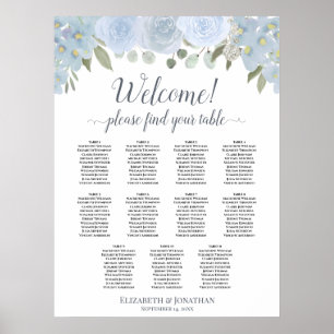 11 Table Dusty Blue Roses Wedding Seating Chart