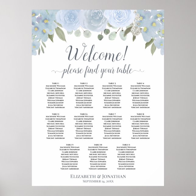11 Table Dusty Blue Roses Wedding Seating Chart (Front)