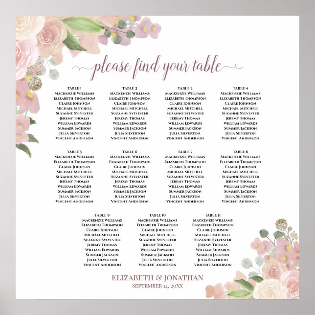 11 Table Elegant Pink Floral Wedding Seating Chart (Front)