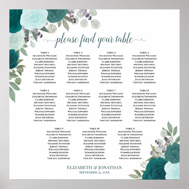 11 Table Elegant Teal Roses Wedding Seating Chart  (Front)