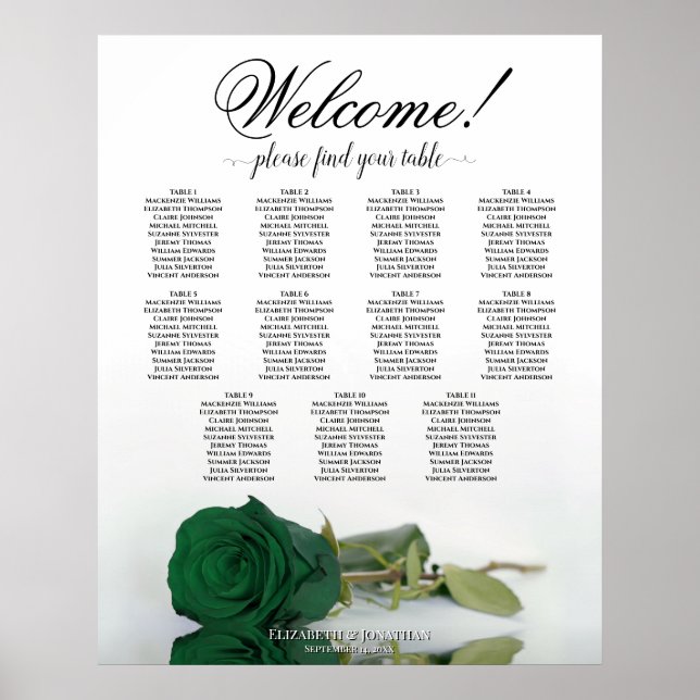 11 Table Emerald Green Rose Wedding Seating Chart (Front)