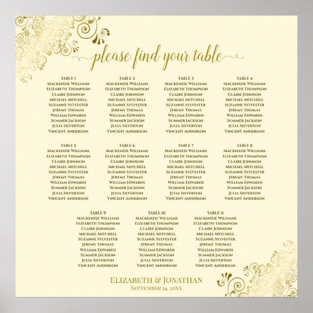 11 Table Gold Lace Wedding Seating Chart Cream (Front)