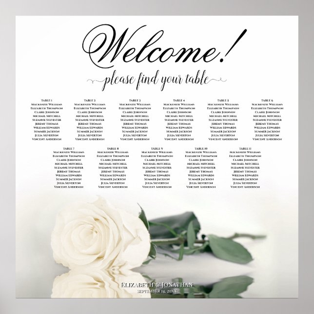 11 Table Ivory White Rose Wedding Seating Chart (Front)