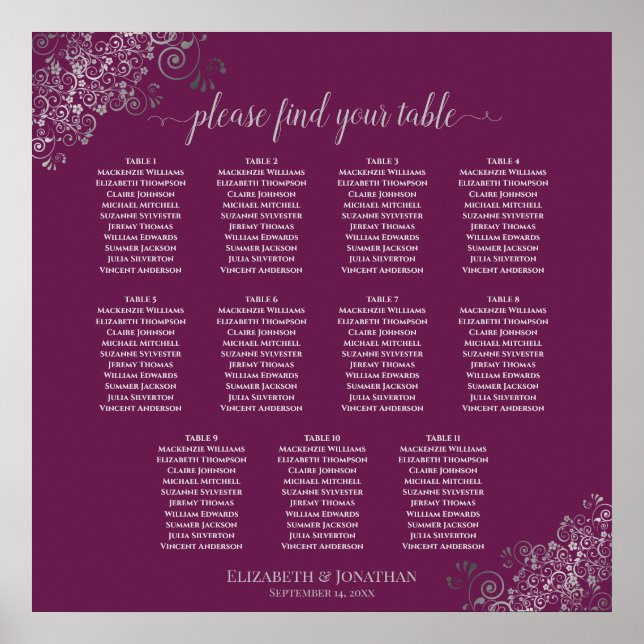 11 Table Magenta Plum Wedding Seating Chart Silver (Front)