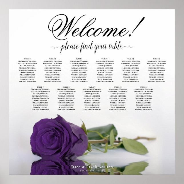 11 Table Royal Purple Rose Wedding Seating Chart (Front)