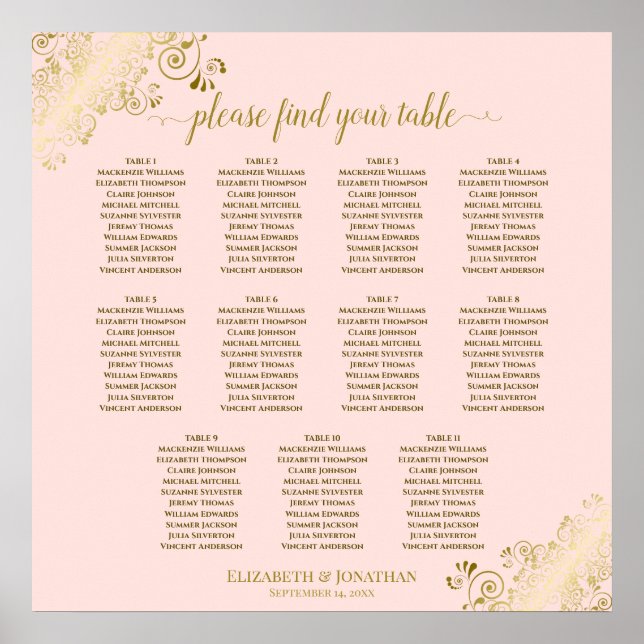 11 Table Wedding Seating Chart Blush Pink & Gold (Front)