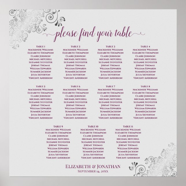 11 Table Wedding Seating Chart Cassis Purple Grey (Front)