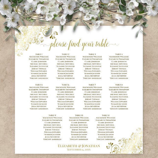 11 Table Wedding Seating Chart Gold Frills White (In Situ on Wall with Decorations)