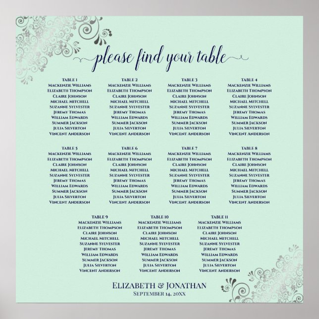 11 Table Wedding Seating Chart Mint Green & Navy (Front)