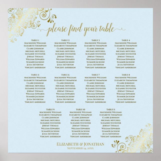 11 Table Wedding Seating Chart Powder Blue & Gold (Front)