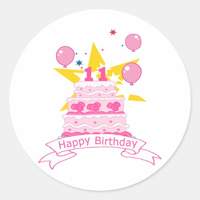 11 Year Old Birthday Cake Classic Round Sticker (Front)