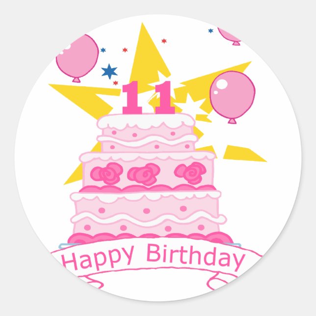 11 Year Old Birthday Cake Classic Round Sticker (Front)