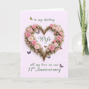 11th Anniversary for Wife with Roses Heart Card