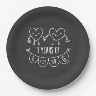 11th Anniversary Gift Chalk Hearts Paper Plate