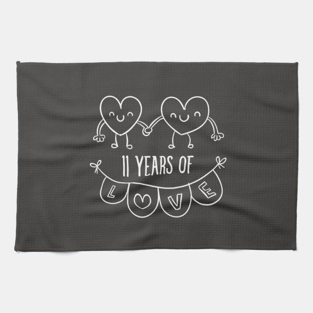 11th Anniversary Gift Chalk Hearts Tea Towel (Horizontal)