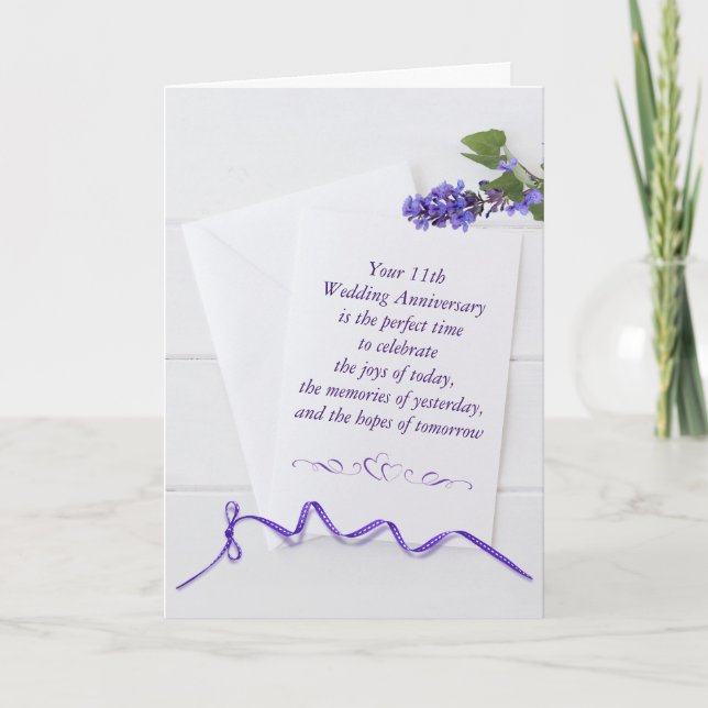 11th Anniversary Purple Flowers On White Wood  Card (Front)