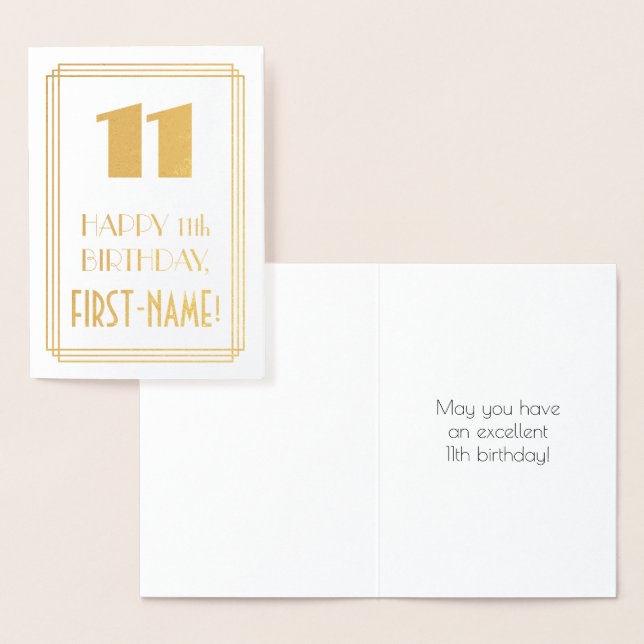 11th Birthday: Art Deco Inspired Look "11" & Name Foil Card (Display)
