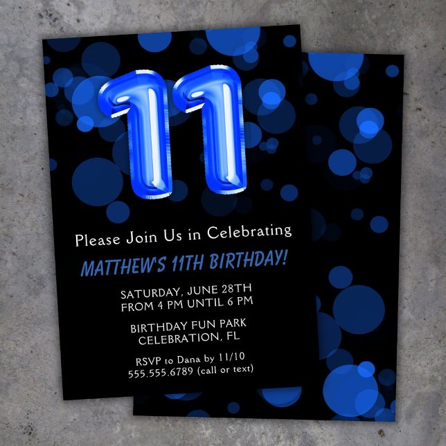 11th Birthday Balloons Kids Blue Boy Party Invitation (Creator Uploaded)